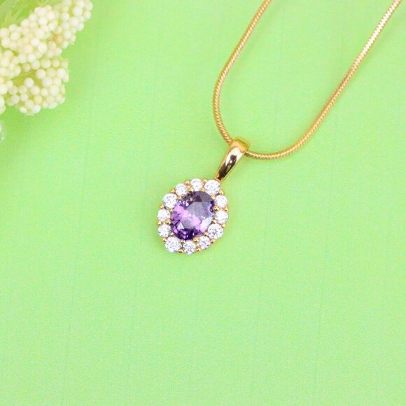 "Purple Oval Pendant with Halo in Gold-Plated Brass – Delicate Glamour, XPPT1816 - Picture 2 of 13